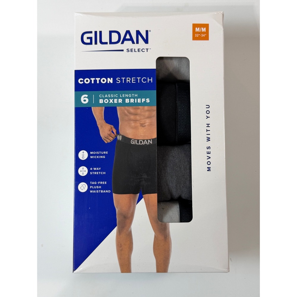 Gildan Select Boxer Briefs Men Medium Multicolor NWT 6 Pack Cotton Stretch